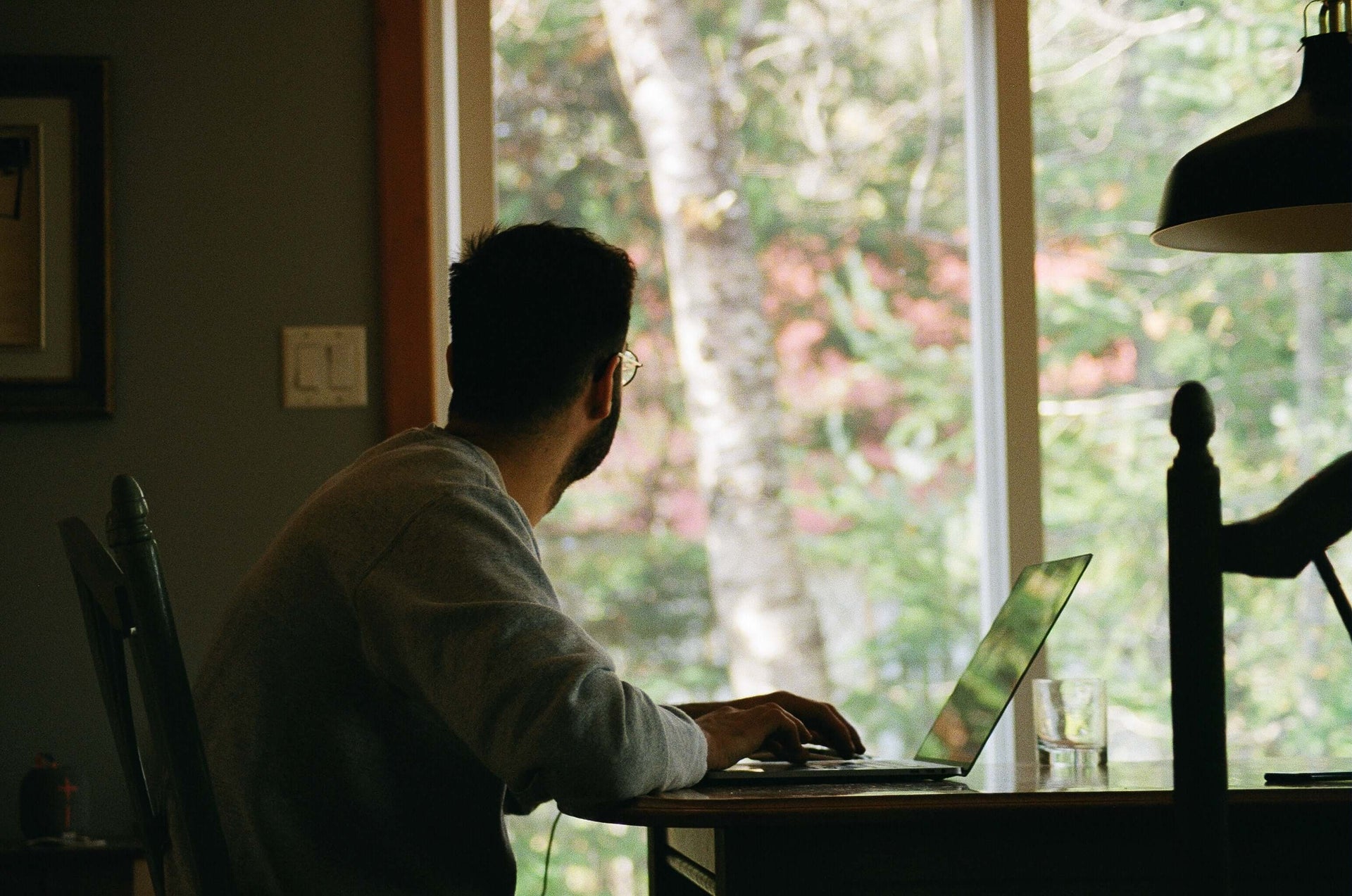 Comfortable home office with a desk, chair and organized work surface
