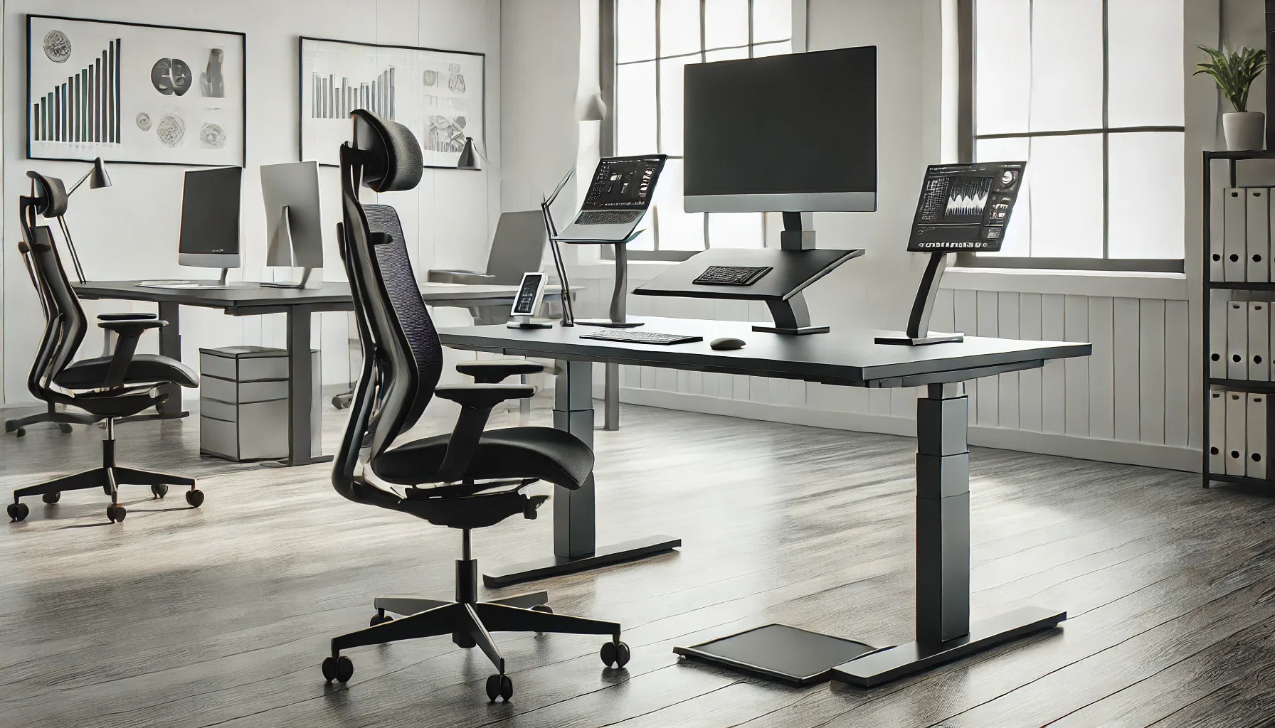 Modern adjustable desk set up for alternating between sitting and standing