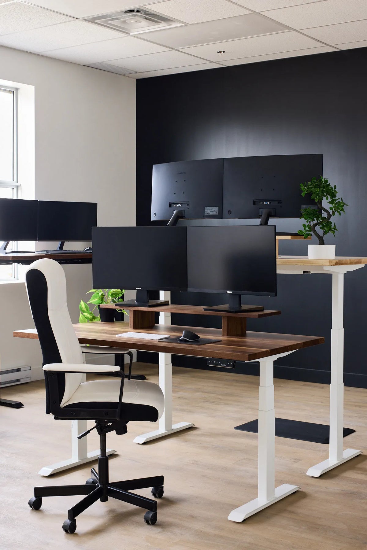 Office workstation with two black monitors on a wood riser, a white adjustable desk and a white chair