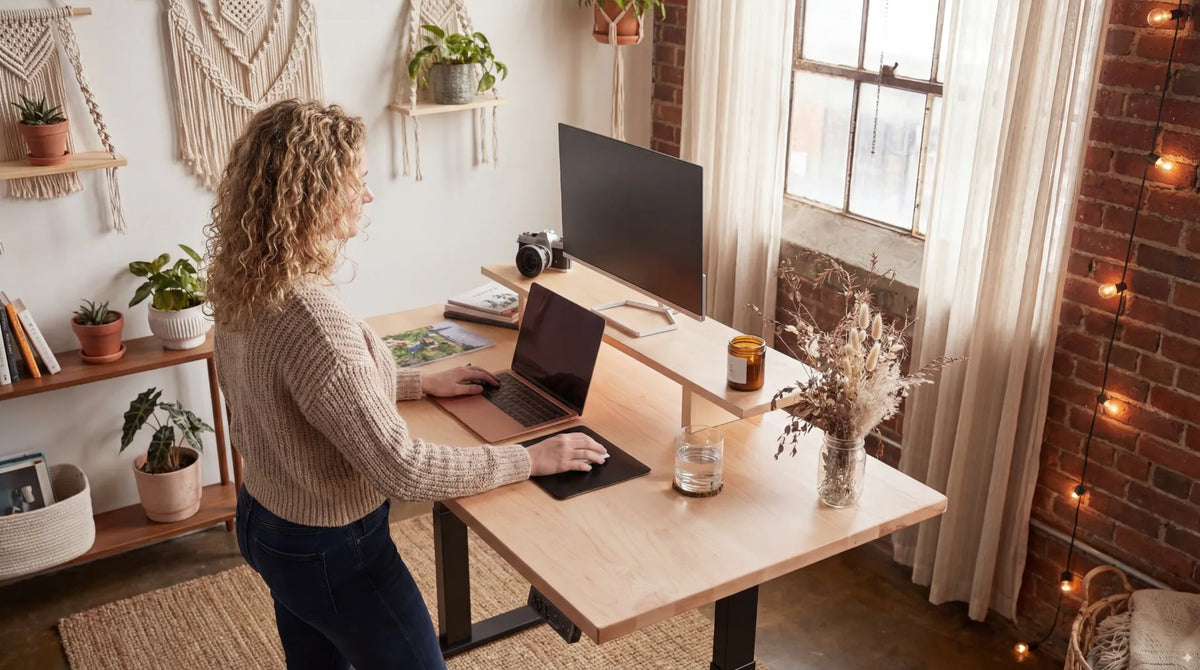 Woman standing at a light wood desk with a laptop and external monitor in a plant-filled home office