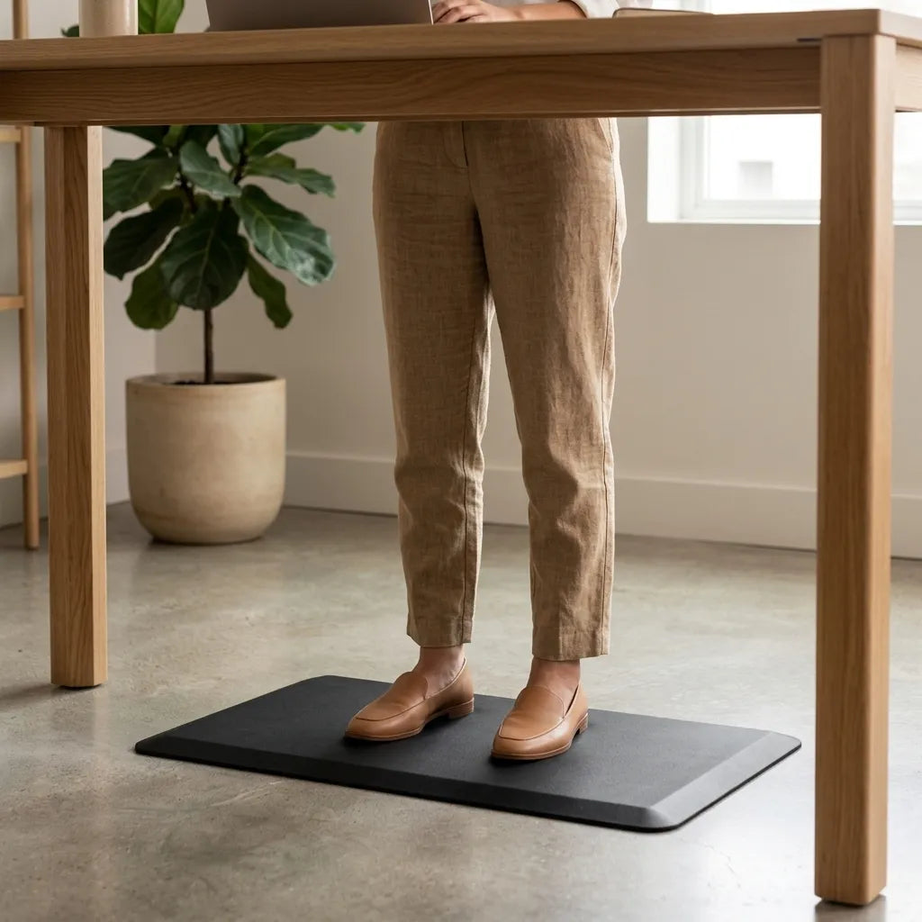 Person wearing brown loafers standing on a black anti-fatigue mat beneath a light wood desk on a concrete floor