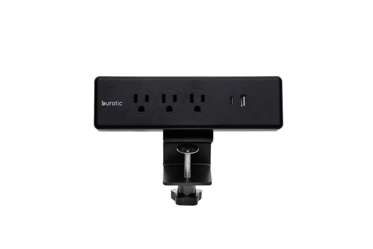 Black clamp-on Burotic power bar with three AC outlets, USB-C and USB-A ports on a white background