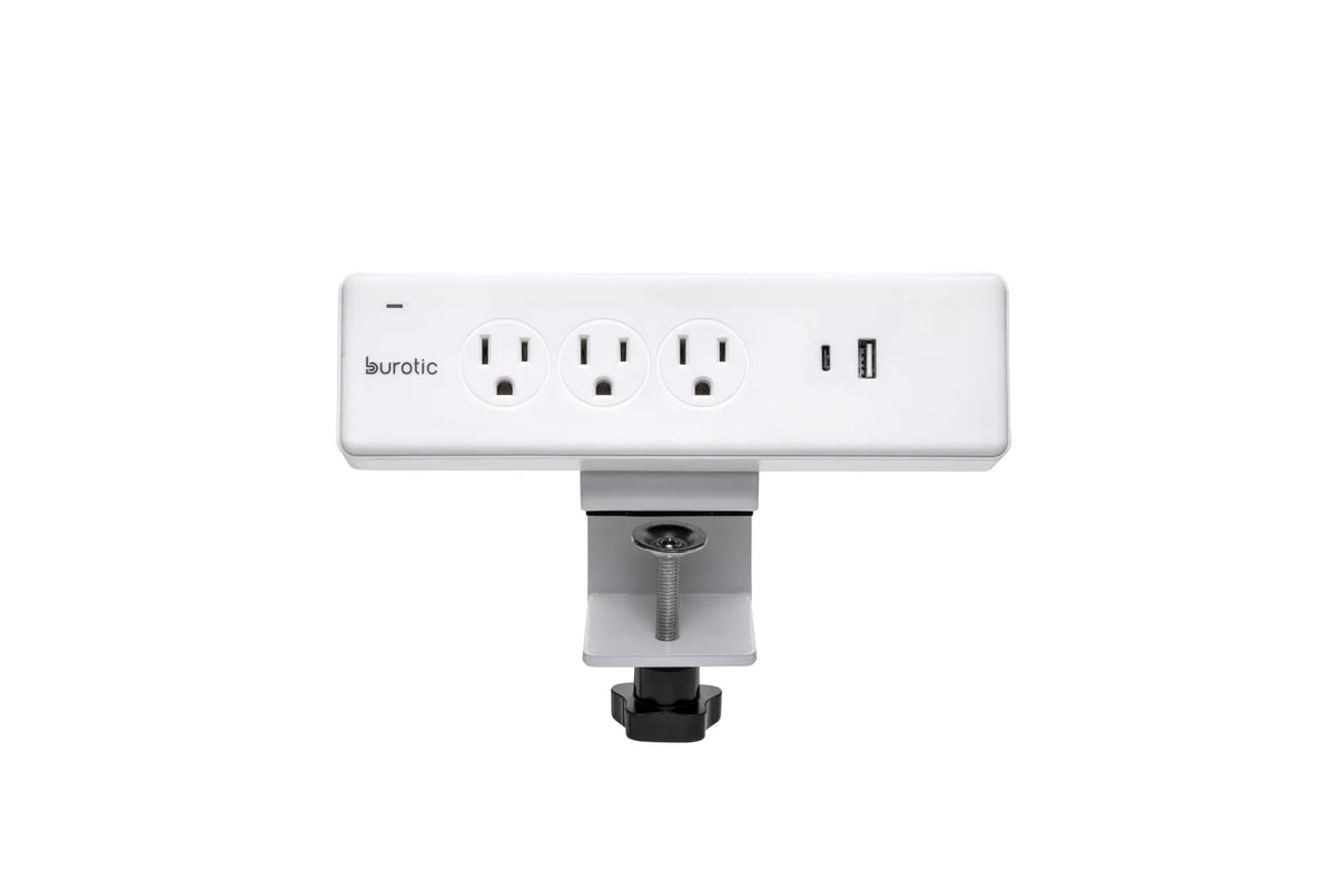 White clamp-mounted Burotic power bar with three grounded outlets, one USB-C port and one USB-A port on a white background