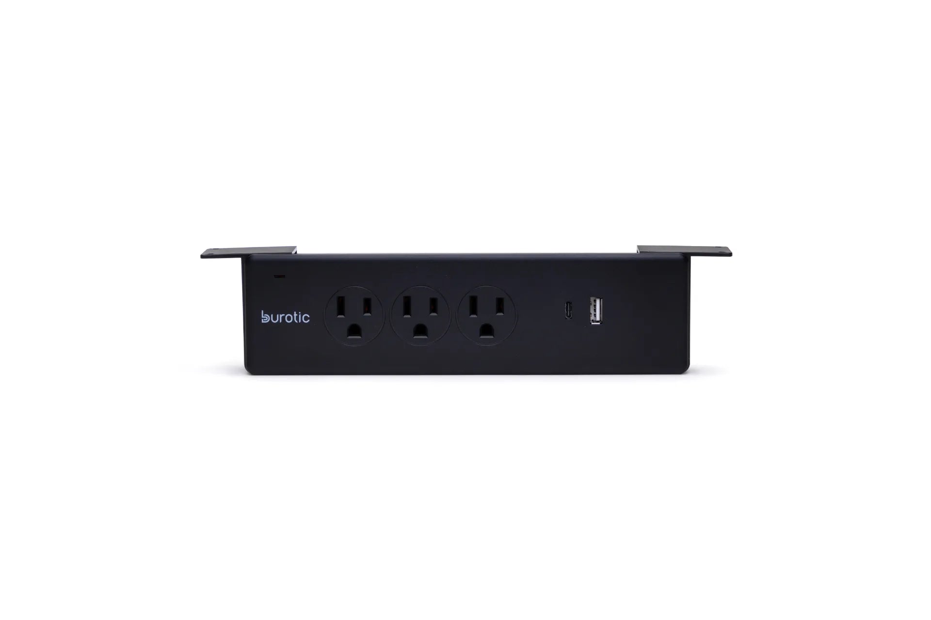 Black Burotic desk power bar with three outlets, USB-C and USB-A ports on a white background