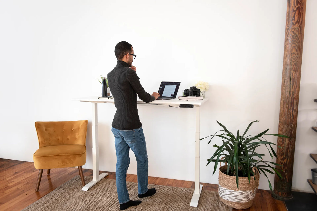 Person in black socks standing at a white adjustable desk with a laptop, camera, books, plants and a woven rug