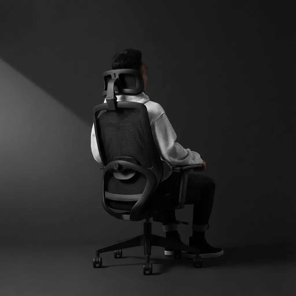 Person seated in a black mesh ergonomic chair with a headrest and visible back support against a dark background