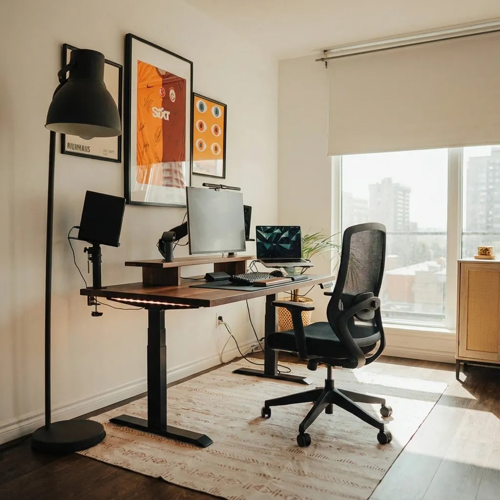 Home office with a wood adjustable desk facing a wall, three screens, black mesh chair, floor lamp, framed art and a bright window
