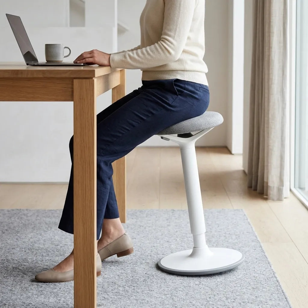 Person seated on a white balance stool at a light wood desk in a bright workspace