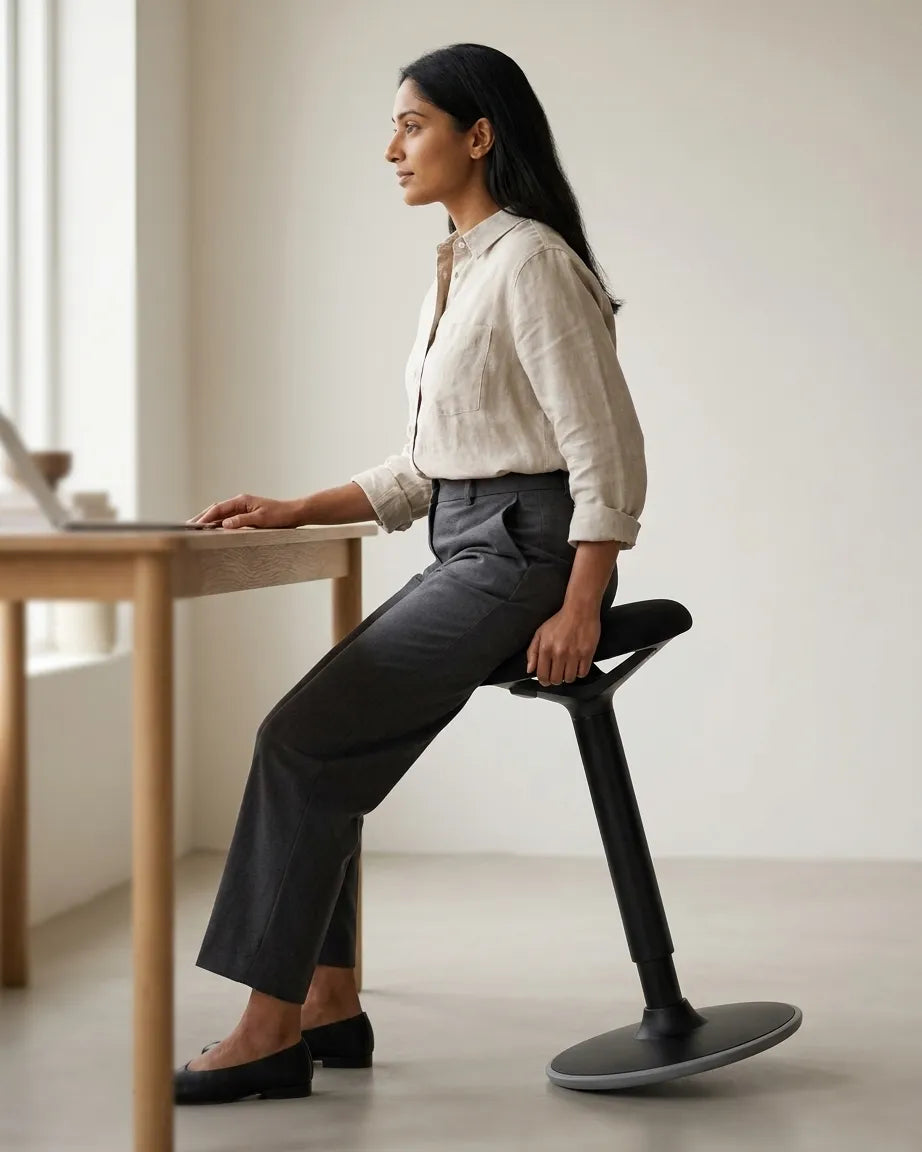 Person holding a white balance stool with a dark seat beside a light wood standing desk