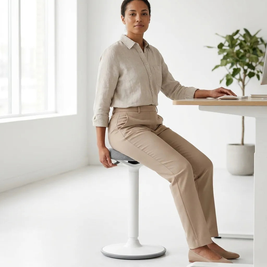 Woman seated upright on a white balance stool beside a light wood desk in a bright studio