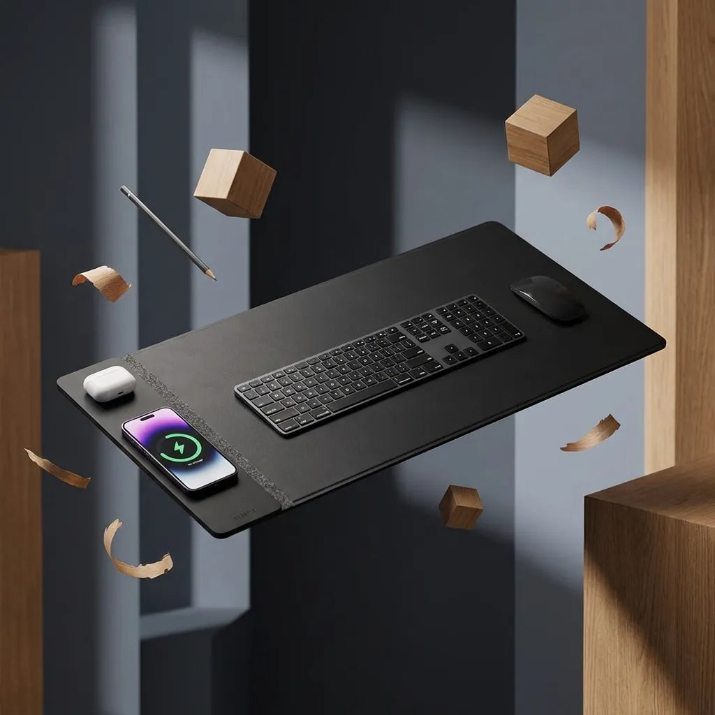 Black desk pad with a charging phone, white earbuds, full-size keyboard and black mouse in a dark studio composition