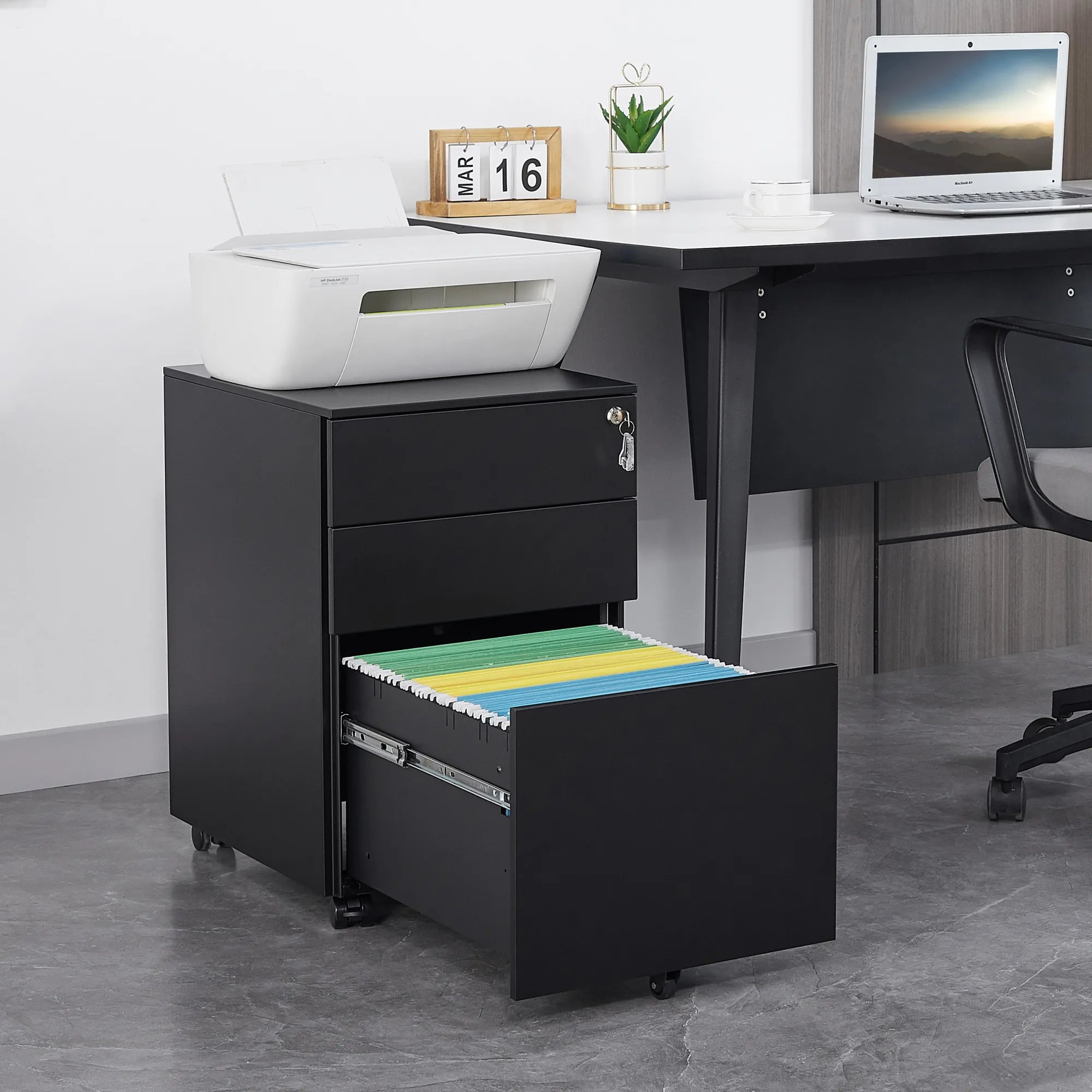 Black file cabinet with open drawer in an office setting