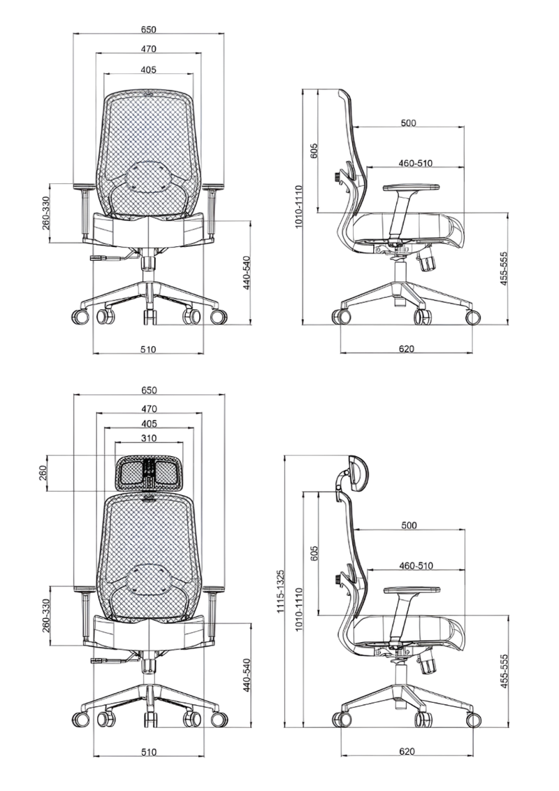 Technical drawing of a office chair with dimensions
